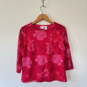 Vtg 90s Y2K Floral Micro Mesh Cropped Top Medium Pink Fairy Coquette Feminine